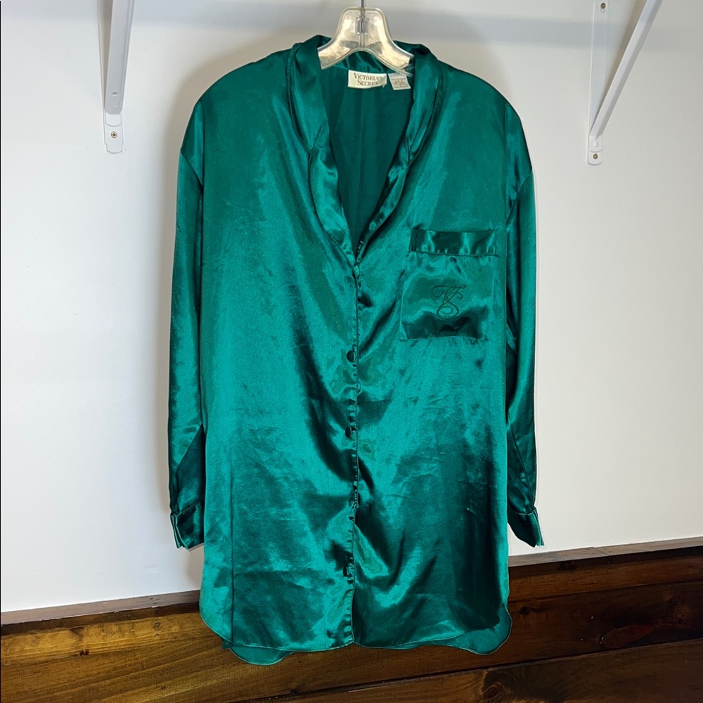 Victoria's Secret‎ Gold Label Green Satin Button-Up Nightgown- S